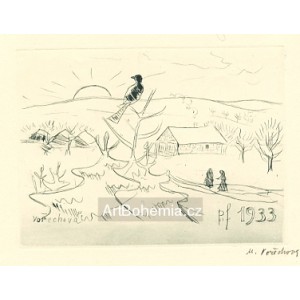 Západ slunce v zasněžené české vesničce II - PF 1933 Marie Vořechová-Vejvodová