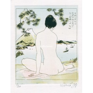 Sedící dívčí akt japonečky u jezera