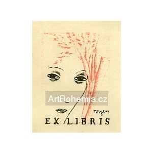Zamyšlená dívka s červeným keřem - exlibris