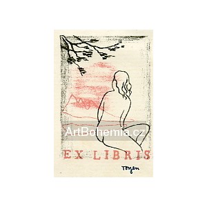 Sedící dívčí akt se stromem - exlibris
